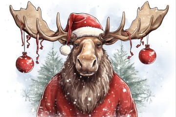 Hand Drawn Christmas Moose with Funny Ornaments. Festive Party Animal Illustration for Invitations or Cards in a Holiday- themed Background - obrazy, fototapety, plakaty