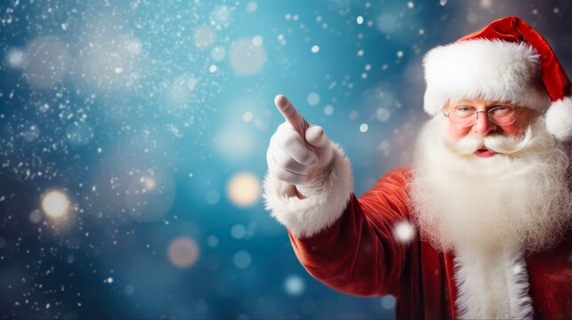 White Winter Wonderland. Christmas Poster Background featuring a dazed man pointing with hand on festive holiday board