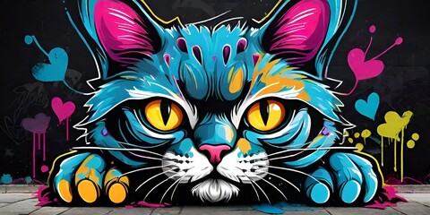 Painting of Colorful cat head full of bright colors and cubist futurism. Digital artwork. Bright stylized cat painted with paints. Arts cat