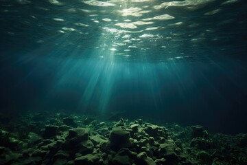 Deep transparent green and teal water reefs. Shallow tropical ocean. Sun rays shining through the water. 