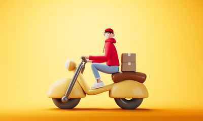 Happy delivery man with cardboard box .3d illustration.