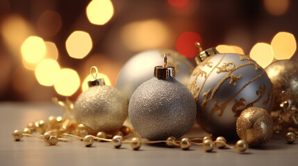 Fototapeta premium Winter seasonal Merry Christmas and happy new year background wallpaper, template, banner, poster, holiday design, beautiful christmas ball sphere christmas tree ornament.