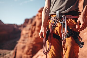 Brave male outdoor climber prepares to climb a challenging rock face, showing strength and adventure. - Powered by Adobe