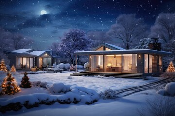 Snowy winter night landscape with a charming wooden cottage, Christmas lights and starry sky.