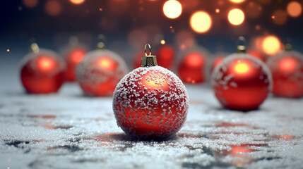 Obraz premium Winter seasonal Merry Christmas and happy new year background wallpaper, template, banner, poster, holiday design, beautiful christmas ball sphere christmas tree ornament.