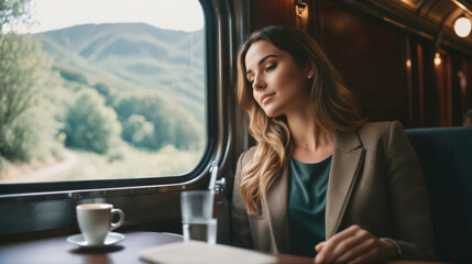 Beautiful young woman looking out the window  while traveling - obrazy, fototapety, plakaty