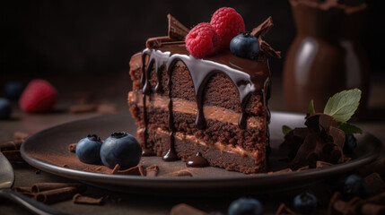 Gourmet Chocolate Cake Slice with Berries - obrazy, fototapety, plakaty