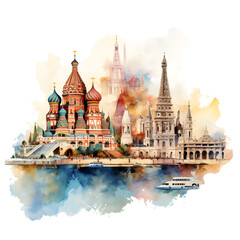 Iconic travel destinations watercolor painting. Landmarks from around the world. Isolated background.
