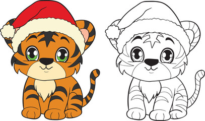 Christmas. Tiger cartoon. Black and white lines. Coloring page for kids. Activity Book. 