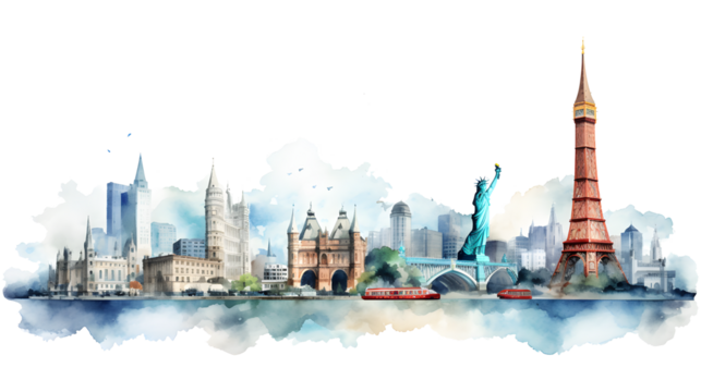 Iconic travel destinations watercolor painting. Landmarks from around the world. Isolated background.