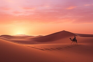 Nomad traveler, desert landscape, camel companion, vast horizon, solitude journey.
