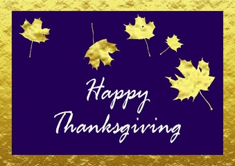 Wish card Happy ThanksGiving in english purple and gold with maple leaves