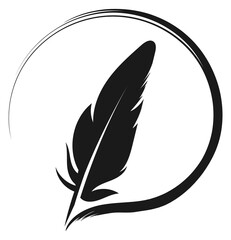 Quill pen round logo. Black feather symbol