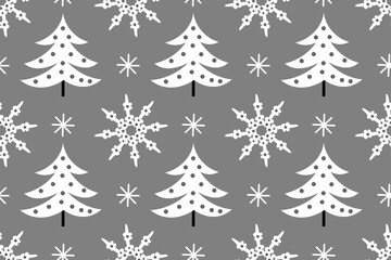 Merry Christmas and Happy New Year winter season holidays. Snowy snow,  cold icy snowfall of white nice and cute snowflakes and fir tree. Seamless vector pattern for design and decoration.