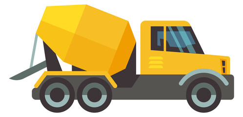 Concrete mixer flat icon. Yellow transport side view