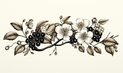 Branch with dark berries in vintage style.