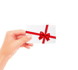 Gift card with red bow and ribbon in hand. Hight realistic vector illustration, ready and simple to use for your design. It can be used for greetings, congratulations and etc. EPS10.
