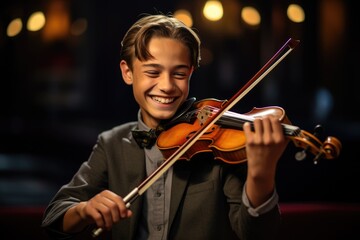 Young musician with an engaging smile tuning his violin before a concert.
