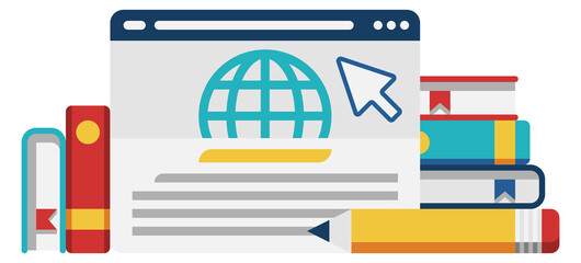 Digital education icon. Color books and web knowledge