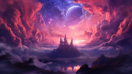 A romantic and beautiful fantasy castle under a purple sky, bathed in moonlight