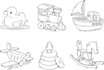 Fototapeta na wymiar A set of linear illustrations on the theme of retro children's toys. Vector drawings of a duck, an airplane, a steam train, a boat, a pyramid, a horse