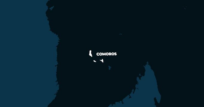 World Map Zoom In To Comoros. Animation in 4K Video. White Comoros Territory On Dark Blue World Map