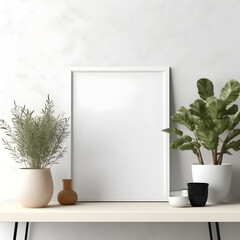 Empty, thin white frame mockup leaning on the wall with plants