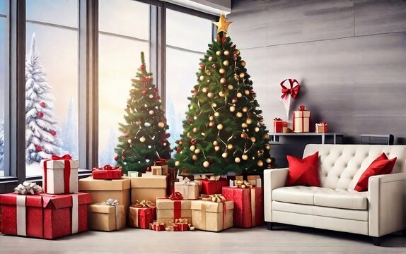 office christmas background near xmas tree with present boxes created with generative ai