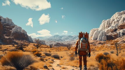Man walking across striped reddish desert sandstone rock  on hot sunny day