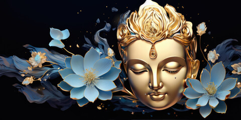 glowing Lotus flowers and gold buddha statue