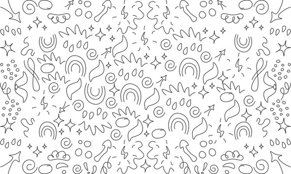 Abstract decorative doodles seamless pattern. Simple geometric shape background, doodle frames, line curved arrow, pointing arrow, funny symbol, fun basic shape seamless pattern background. 