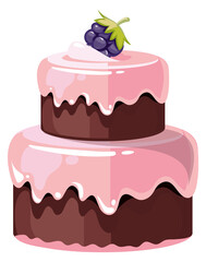 Sweet berry cake. Cartoon chocolate pastry with pink frosting