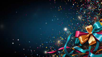 Commercial background with blue, pink and orange colored ribbons and confetti for new years eve advert