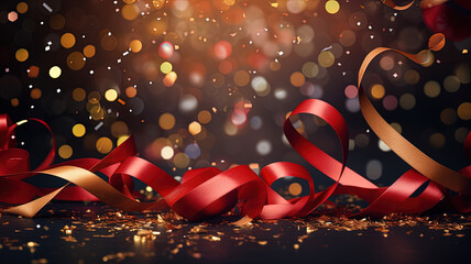 Commercial background with red ribbons and confetti for new years eve advert