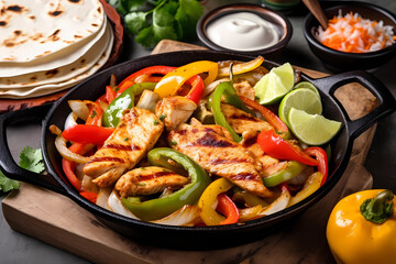 chicken fajitas in a pan chili and sides mexica - obrazy, fototapety, plakaty