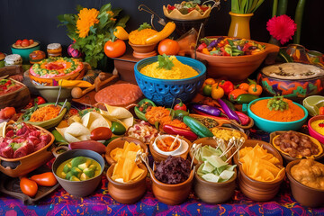 fiesta party buffet table with dulce de leche and other traditional mexican food