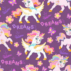 Seamless vector pattern wingled unicorns purple illustration