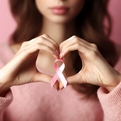 woman's hands forming a heart shape with a pink ribbon against a soft pink background. ai generative