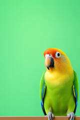 a parrot lovebird isolated on green background, with empty copy space
