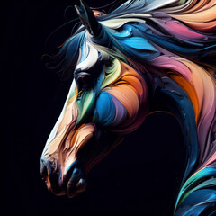 close up abstract colorful horse on dark background. ai generative