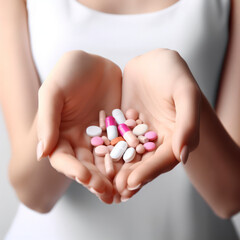 female hands with pills on white background. ai generative