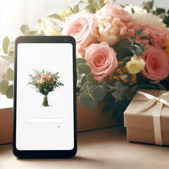 Smartphone with blank white screen, bouquet of flowers on background. ai generative