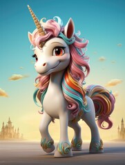 A cartoon character design of a magical unicorn with a rainbow-colored mane and tail, and a golden horn. AI Generative
