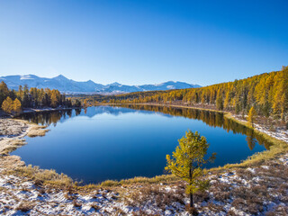 Fototapeta na wymiar Scenic view of calm Kidelu lake and mountain range in Altai Republic, Siberia, Russia