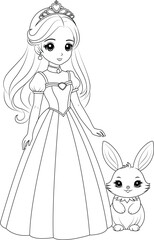 Coloring page chibi princess with a friendly bunny.