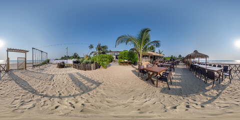 360 hdri panorama with coconut trees on ocean coast near tropical shack or open cafe on beach with...