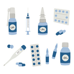Medicine elements.bottle with pills, capsules, blister with pills,spray,thermometer.