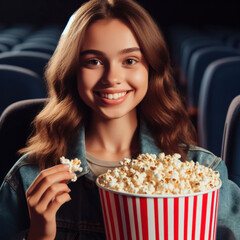 A teenage girl holds a large bucket of popcorn in a movie theater.