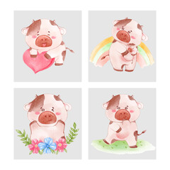 Watercolor cute Pig cartoon character design collection with different on with background. Vector illustration