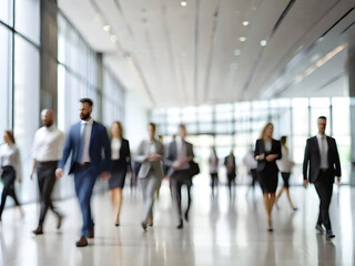Long exposure shot of crowd of business people walking in bright office lobby fast moving with blurry, Generative AI